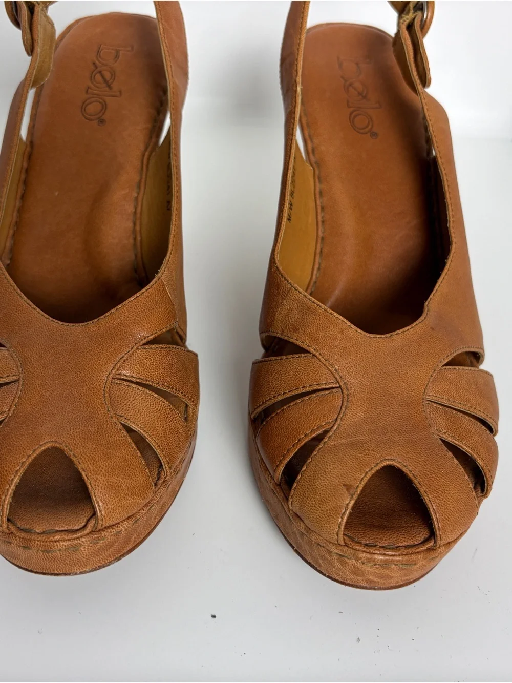 Bolo Leather Peep-Toe Slingback Wedge Sandals in Cognac; Size 8/39; Made by Born